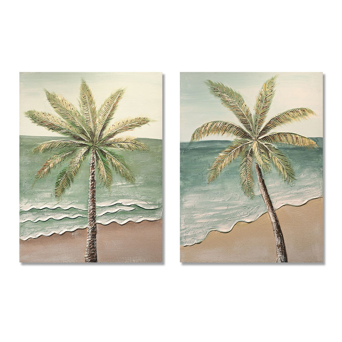 Palm Tree Wall Art, Beach Canvas Painting With Accents, Hand Painted Textured Tropical Decor (Set of 2) - Aqua Blue Daily Nest