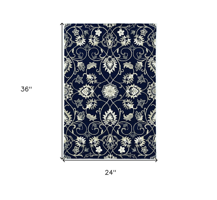 2' X 3' Hand Hooked UV Treated Floral Vines Indoor / Outdoor Accent Rug - Navy Blue