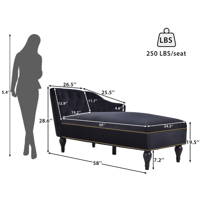 Velvet Chaise Lounge, Button Tufted Right Arm Facing Lounge Chair With Nailhead Trim For Living Room - Black Luxe & Co.
