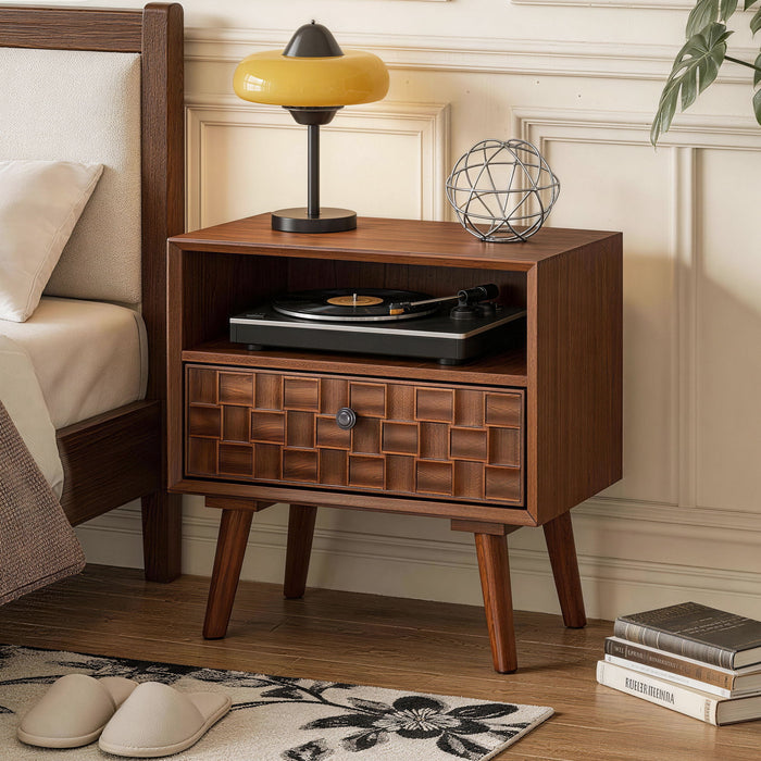 Nightstand With Carved Geometric Drawer Front, 1 Drawer And Open Shelf Home Essentials