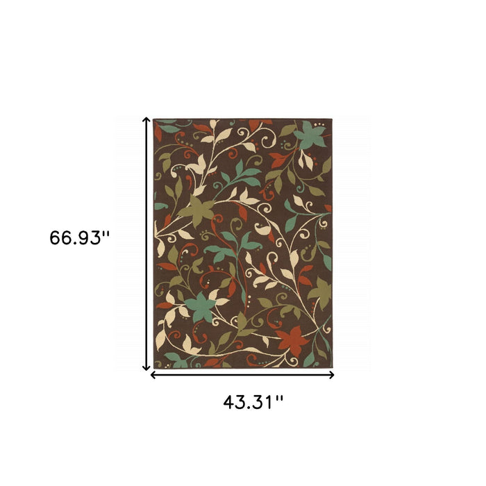 4' X 6' Floral Stain Resistant Outdoor / Indoor Area Rug - Brown