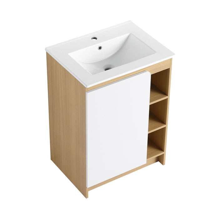 Freestanding Bathroom Vanity With Thin Rim Sink, Single Door With 4 Tier Open Shelves - Light Oak / White Home Essentials