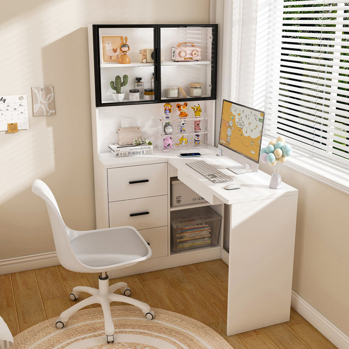 L-Shaped Computer Desk With Glass Cabinets, Built In LED Lights, USB Charging Ports Home Essentials