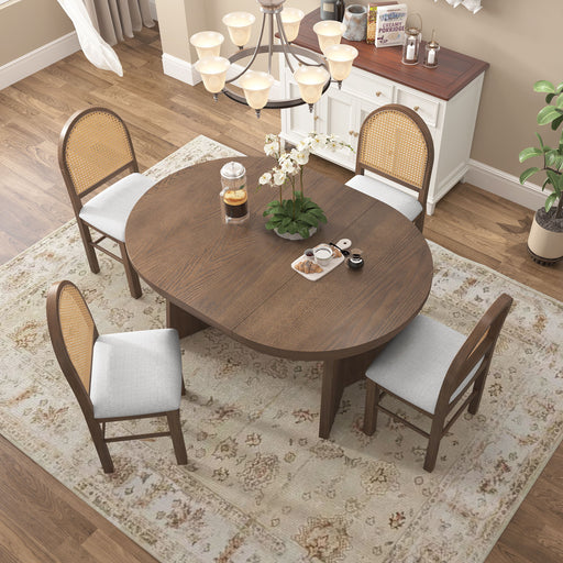 Extendable Round Dining Table Set For 4 With 4 Upholstered Chairs - Beige / Walnut Hearth and Haven