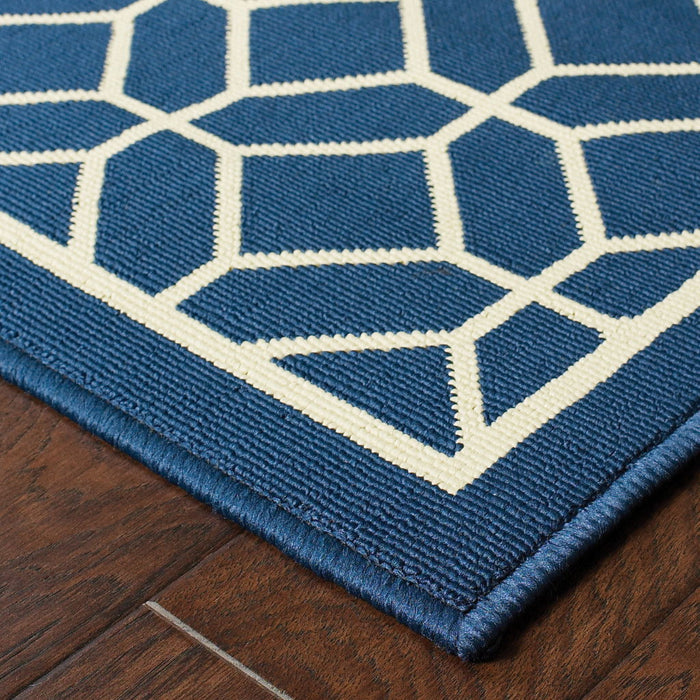 9' X 13' Geometric Stain Resistant Area Rug Indoor & Outdoor - Blue / Ivory