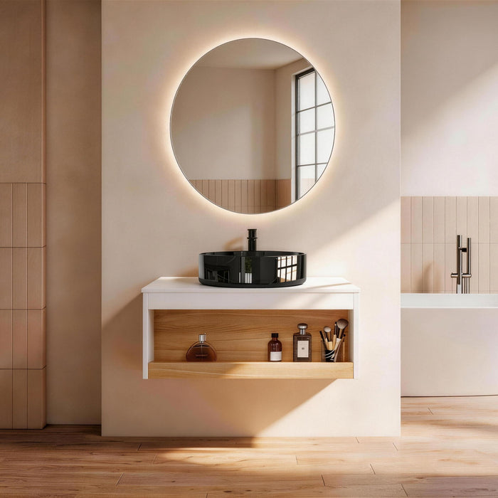 Floating Bathroom Vanity With Vessel Sink With Open Shelf Storage Home Essentials