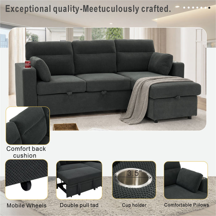 Convertible L - Shaped Sectional Sofa Bed With Storage Chaise, Cup Holders Home Essentials