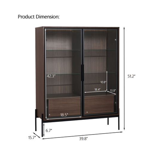 Modern Minimalist Style LED Curio Cabinet With Tempered Glass Door, Metal Legs Hearth and Haven