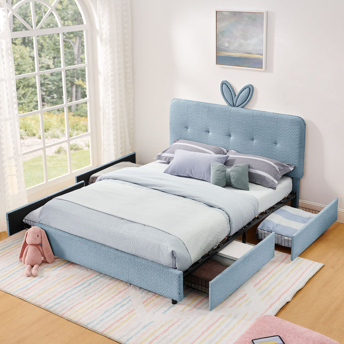 Upholstered Bed With Oversized Rabbit Ear Headboard, LED Lights & 4 Storage Drawers Home Essentials