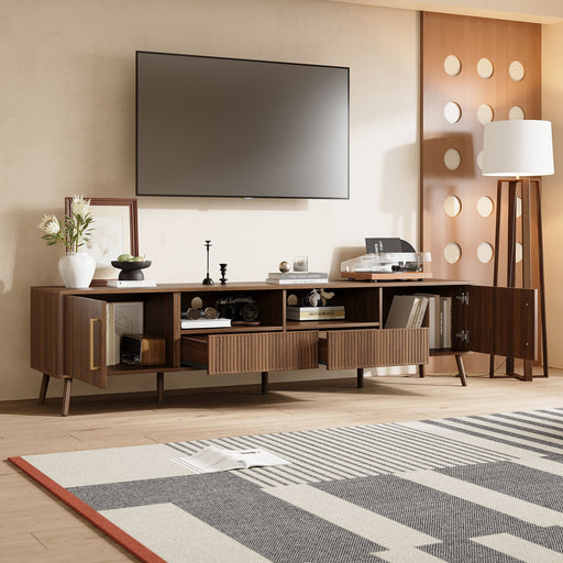 TV Stand For TVs Up To 85" With Soft-Close Doors, Open Shelf, Cable Management - Walnut Hearth and Haven