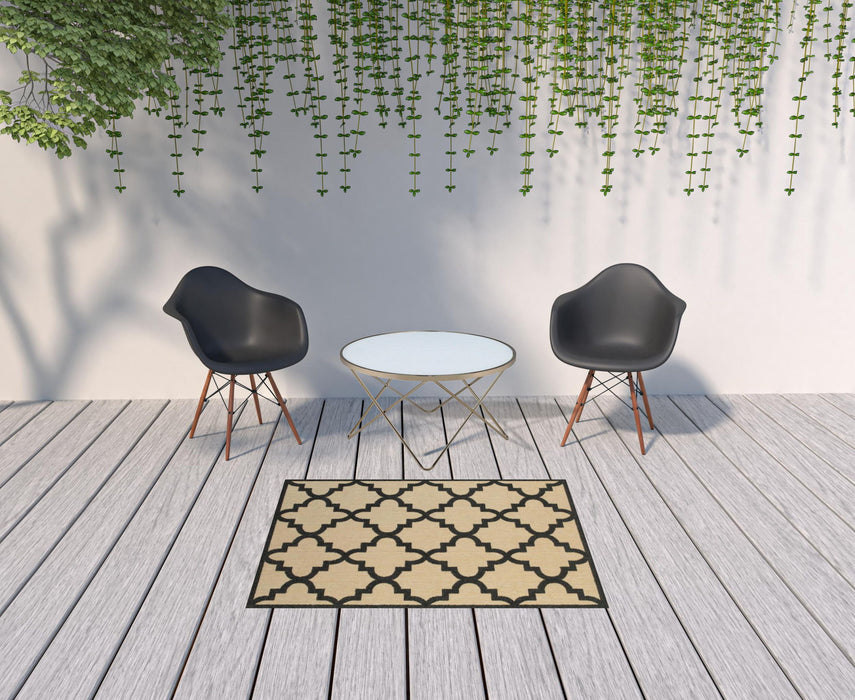 4' X 5' Geometric Stain Resistant Indoor / Outdoor Area Rug - Beige / Black