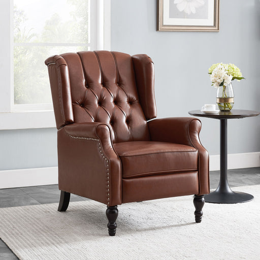Upholstered Wingback Recliner With Nailhead Trim And Rolled Recessed Arms - Light Brown Noble House