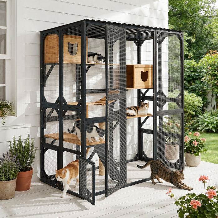 Outdoor Cat Enclosure With Sleeping Houses, Jumping Platforms, Scratching Post Hearth and Haven