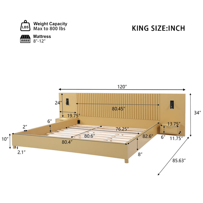 Platform Bed Frame With Built In Nightstands & Reading Lights Noble House