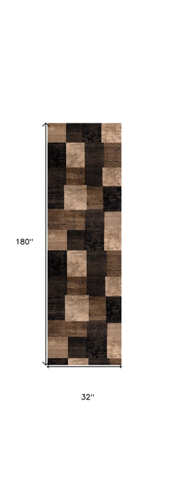 15' Geometric Power Loom Runner Rug - Brown Black And Tan