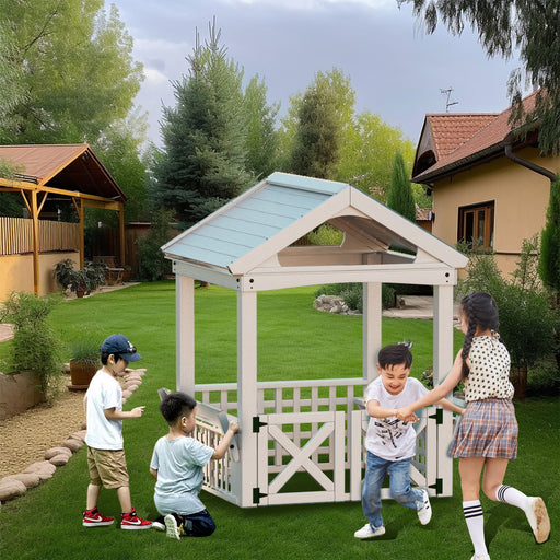 Outdoor Wooden Playhouse With Bench And Door - White Daily Nest