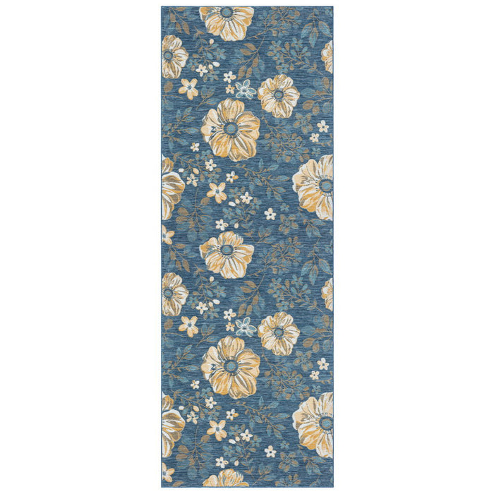 2' X 8' Floral Stain Resistant Indoor / Outdoor Runner Rug - Blue White / Yellow