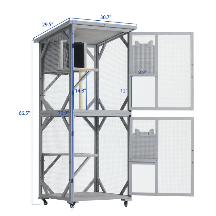 Large Cat House Outdoor Catio Cat Enclosures On Wheels, Kitty House With Upgraded Resting Box Waterproof Roof - Gray