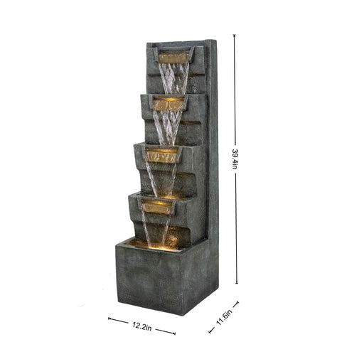 4 Tier Cascading Waterfall Fountain With Warm LED Lights, For Patio - Gray Daily Nest