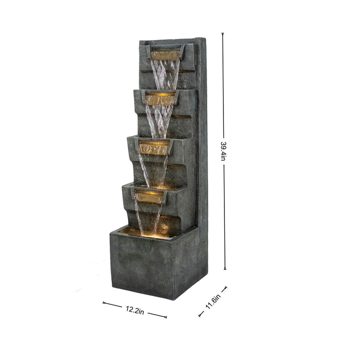 4 Tier Cascading Waterfall Fountain With Warm LED Lights, For Patio - Gray Daily Nest