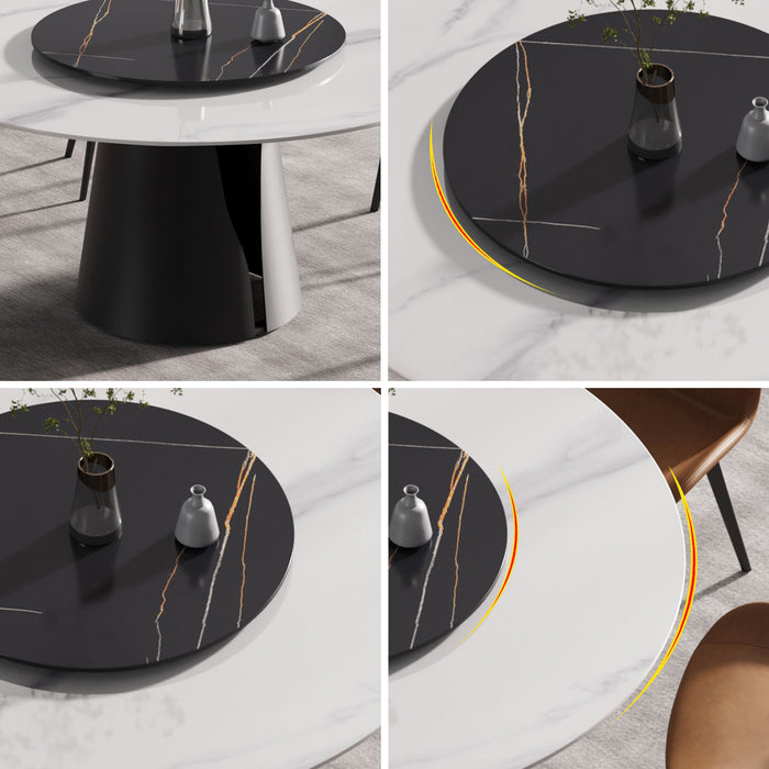 Modern Artificial Stone Round Carbon Steel Base Dining Table, Can Accommodate 6 People, Black Artificial Stone Turntable