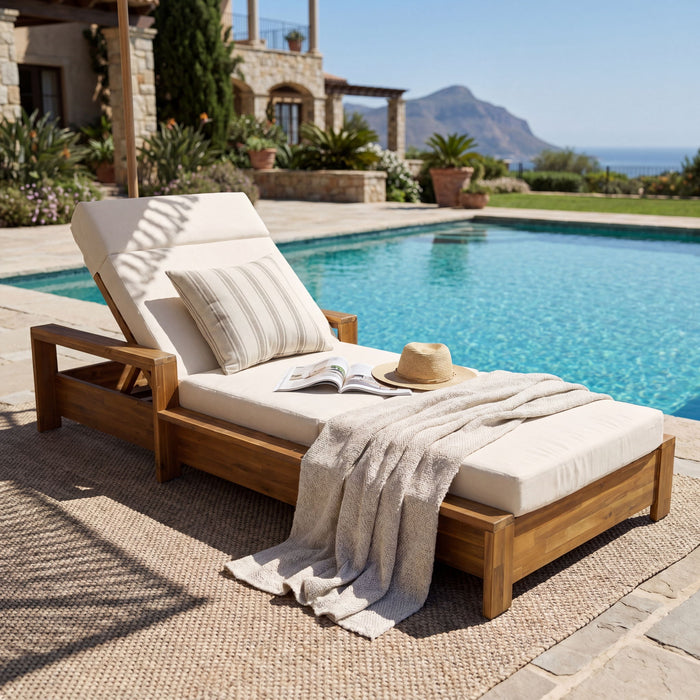 Chaise Lounge Set With 4 Fold Cushion And Built In Headrest, 3 Position Adjustable, For Patio Pool - Cream / Teak Noble House