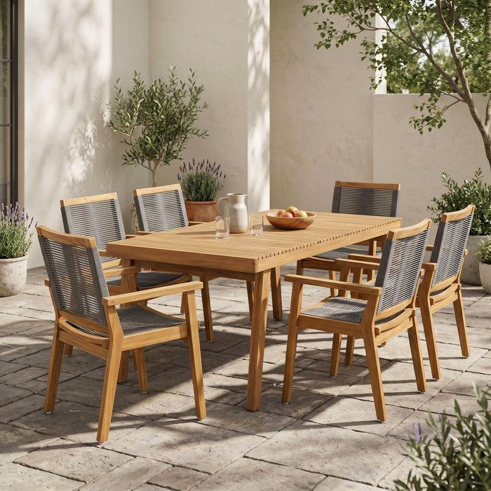 7 Piece Outdoor Patio Dining Set With Table And 6 Arm Chairs - Brown / Dark Gray / Teak Noble House