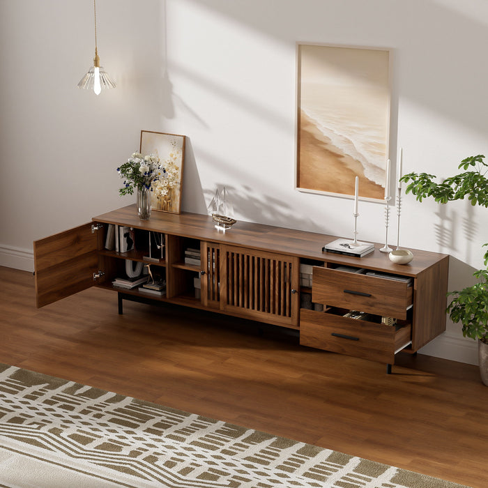 TV Stand, Media Console With 2 Drawers, Soft Closing Hinges, Adjustable Shelves, Slatted Design - Walnut Hearth and Haven