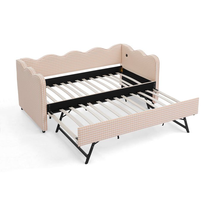 Gingham Daybed With USB Charging Port, Wave Shaped Design Home Essentials