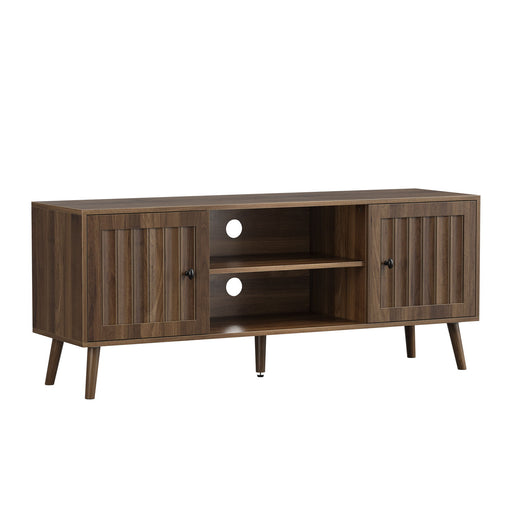 55" TV Cabinet With Vertical Groove Doors, Adjustable Shelves - Walnut Home Essentials