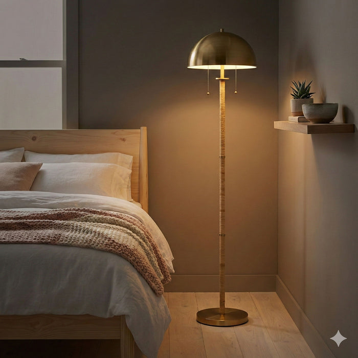Allure - 2 Light Floor Lamp, Gold, Natural Tube, Double On / Off Pull Chain - Gold / Rattan Ashcroft Furniture