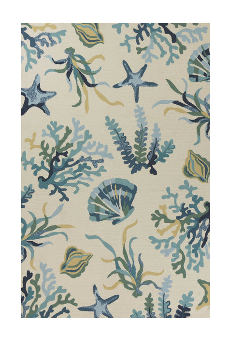 5' X 8' Hand Hooked UV Treated Coastal Reef Indoor / Outdoor Area Rug - Ivory Blue