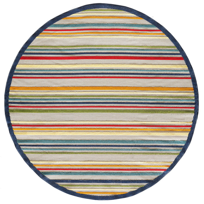 8' Round Round Striped Stain Resistant Indoor / Outdoor Area Rug - Ivory / Blue