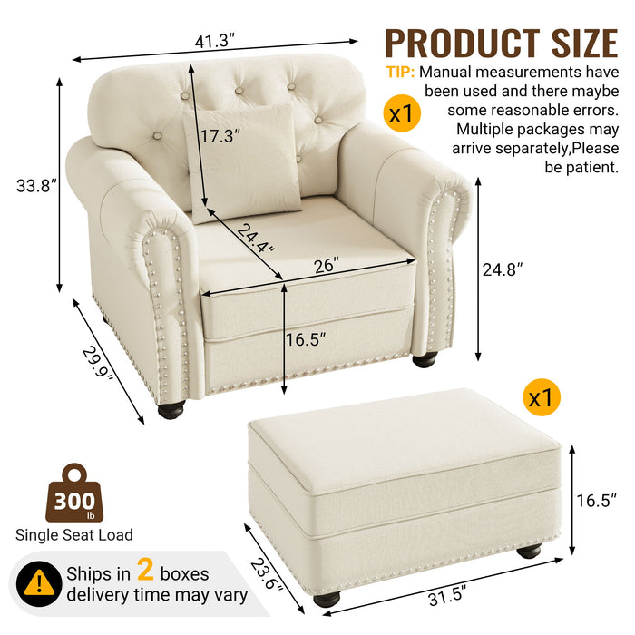 Upholstered Sofa With Nailhead Trim And Rolled Armrests, 1 Pillows - Beige / White