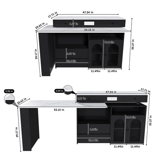 Kitchen Island With Extendable Rotating Table, 4 Drawers & Glass Door Cabinets, Built In Socket - Black Home Essentials