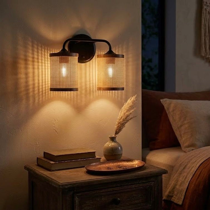 Quell - Double Light Vanity With Natural Shade Wall Lamp - Black / Rattan Ashcroft Furniture