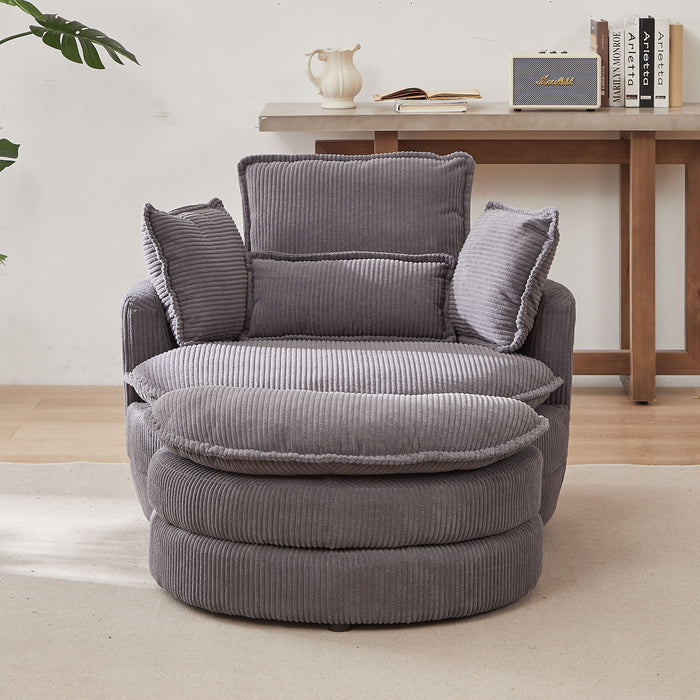 38" W Oversized Swivel Chair With Moon Storage Ottoman For Living Room, Modern Accent Round Loveseat Circle Swivel Barrel Chairs For Bedroom Cuddle Sofa Chair Lounger Armchair, 4 Pillows, Corduroy - Gray