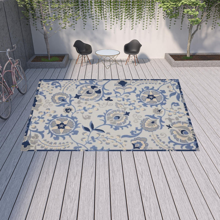 12' X 15' Ikat Non Skid Indoor / Outdoor Area Rug - Blue / Gray