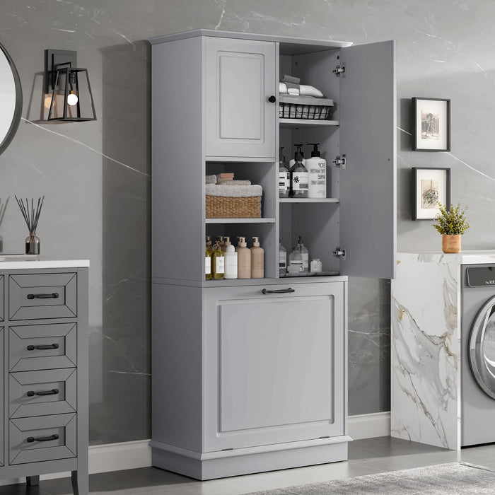 Modern Tall Storage Cabinet With Adjustable Shelves, Flip-Out Basket & Enclosed Doors Hearth and Haven