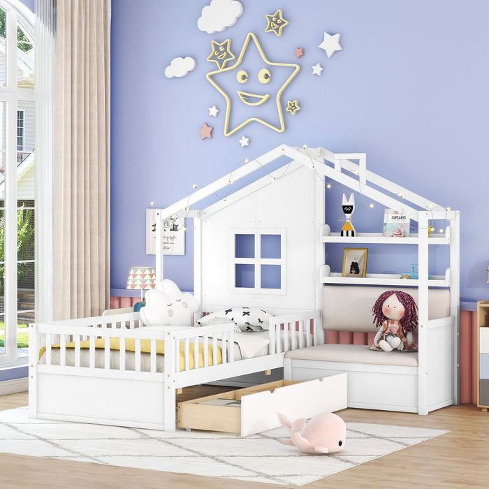 House Bed With Sofa, Kids Platform Bed With 2 Drawers And Storage Shelf