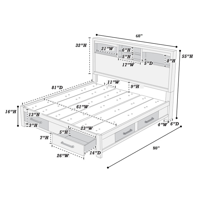 Transitional Bed With Smooth Gliding Drawers, Built In Lights, Open Headboard Shelves Home Essentials