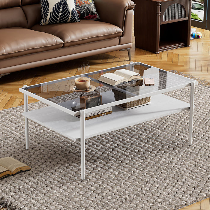 Rectangle Coffee Table With Tempered Glass Top And White Legs, Modern Table For Living Room