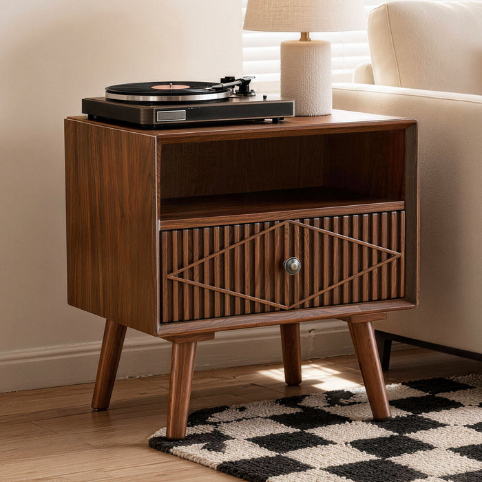 Nightstand With Carved Geometric Drawer Front, 1 Drawer And Open Shelf, Bedside Table For Bedroom - Walnut Home Essentials