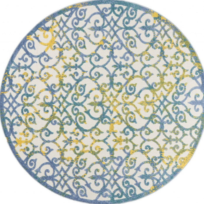 8' X 8' Round Damask Non Skid Indoor / Outdoor Area Rug - Ivory / Blue