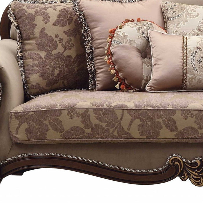 Polyester Blend Curved Floral Sofa And Toss Pillows With Brown Legs - Beige