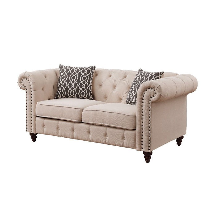 Brown Linen Loveseat - Beige / Dark