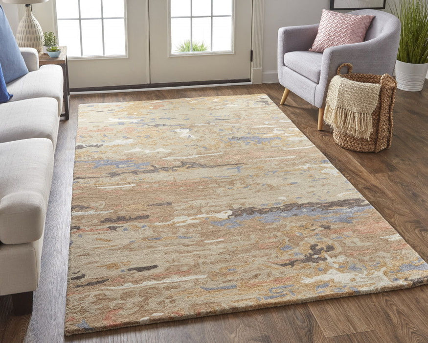 Abstract Tufted Handmade Stain Resistant Area Rug - Tan And Blue Wool - 4' X 6'