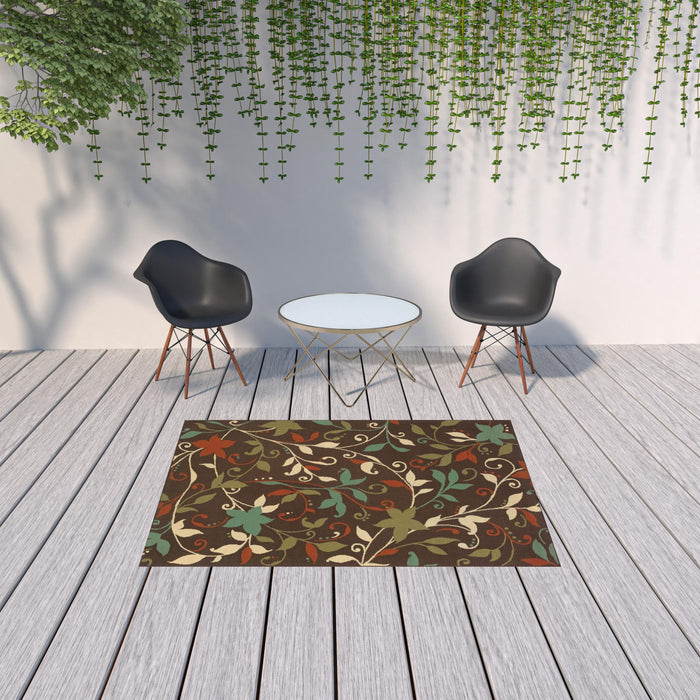 5' X 8' Floral Stain Resistant Outdoor / Indoor Area Rug - Brown