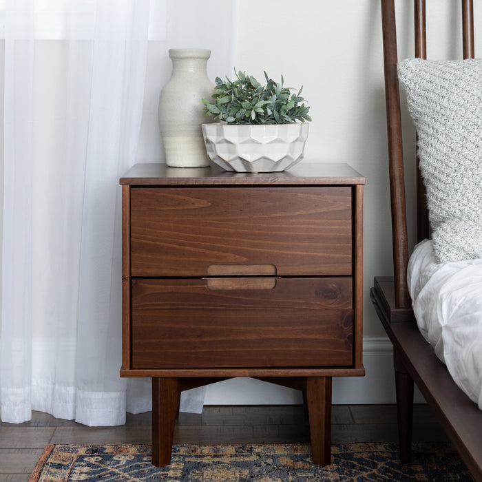 Mid-Century Modern 2 Drawer Solid Wood Nighstand With Cutout Handles