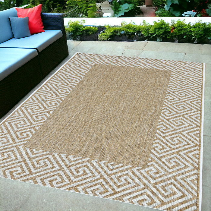 5' X 7' Machine Woven UV Treated Greek Key Bordered Indoor / Outdoor Area Rug - Ivory